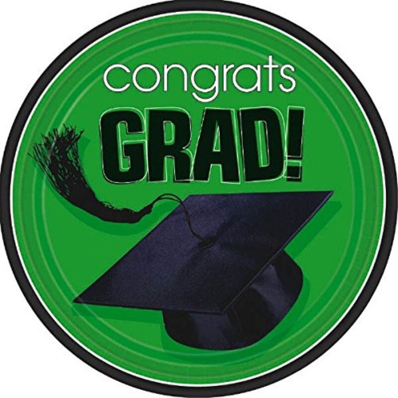 Flying Colors Graduation Party School Colors Round Plates, 9" Green Tableware, Green, Paper , 9" Pack of 18